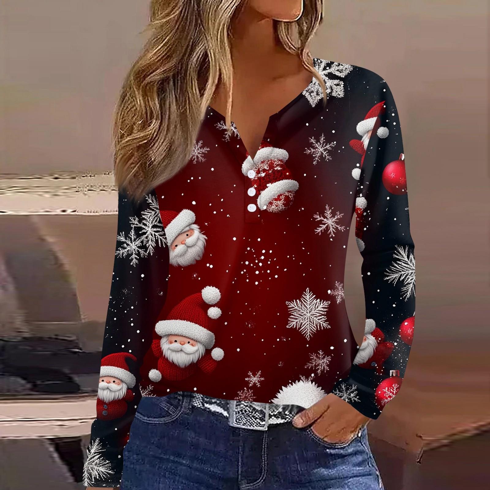 

Женская футболка с рождественским принтом на пуговицах с длинным рукавом, повседневная, выходного дня, модная, базовая, с V-образным вырезом, обычная XL винный