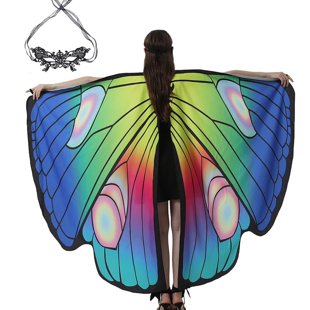 Women Halloween Butterfly Shawl Lady Cape Costume Accessory With Lace Mask