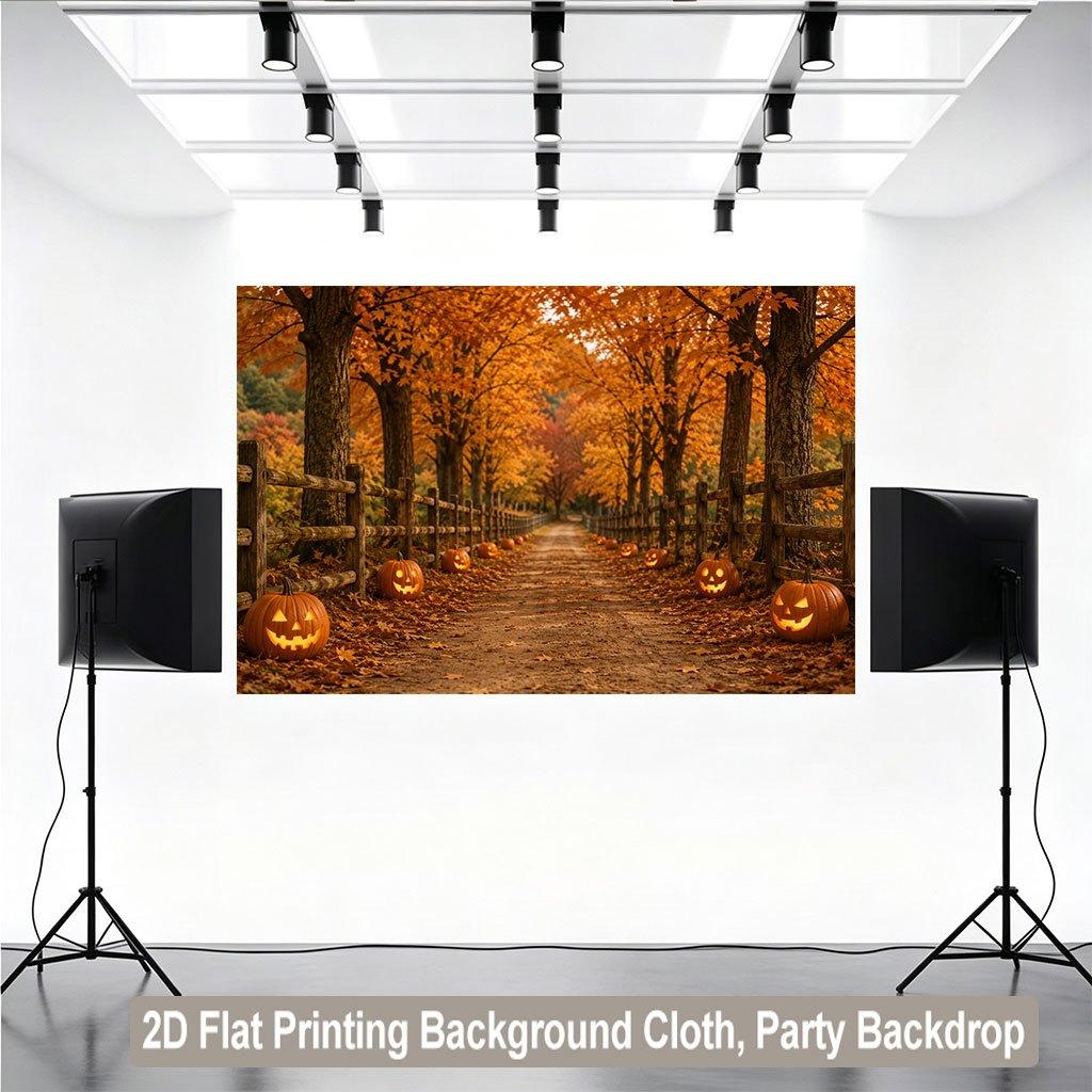 1 piece of 2D flat background fabric, pumpkin lantern autumn forest path scenery background banner, family, garden