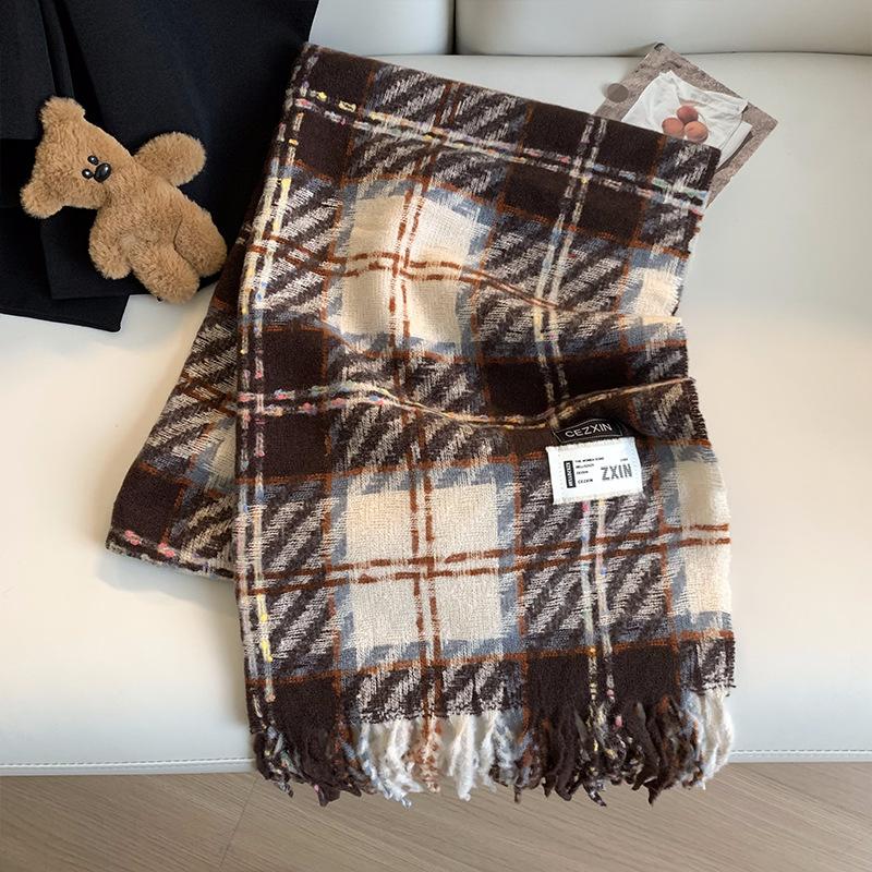 Green Plaid Imitation Cashmere Scarf for Women in Winter Korean Style Thickened Warm Scarf Student Shawl Outer Wear