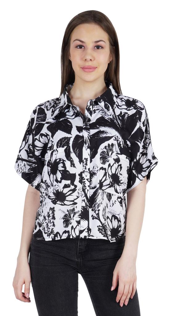 Moomaya Damen Bedrucktes Oberteil Kragenhals Knopfleiste Kurzarm Tunika