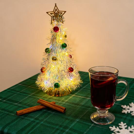 Metallic Tinsel Christmas Tree Light-up Foil Fringe Christmas Tree with Ball Ornaments for Holiday Home Office Tabletop Decoration