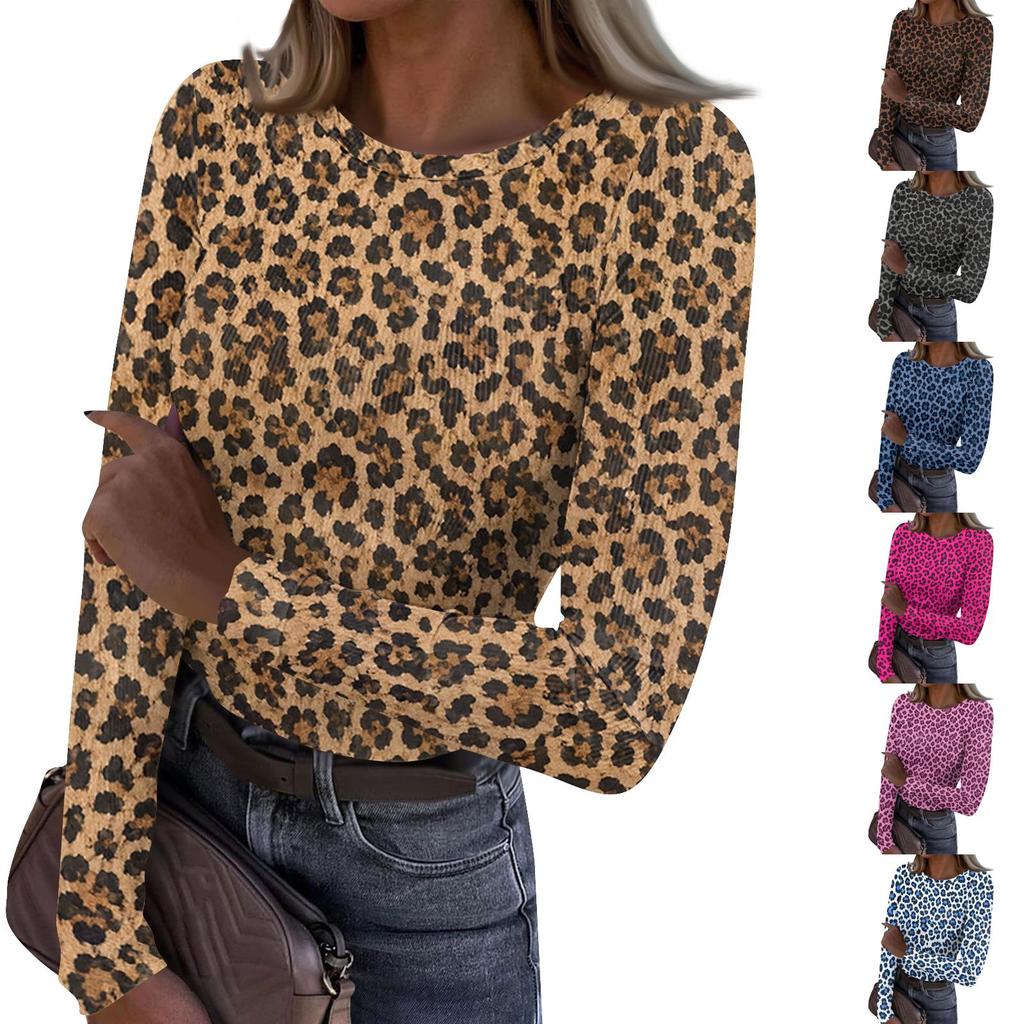 Dames Casual Luipaardprint Geribbelde Gebreide Top, Lange Mouwen, Ronde Hals