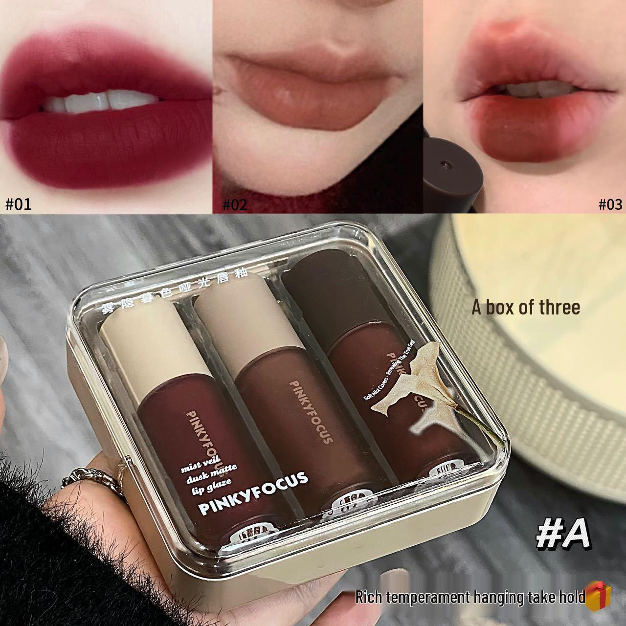 PINKYFOCUS Набор матовых бархатных жидких помад-глиссов Mist Dusk - Осенне-зимние оттенки 3.5g each, 3 pieces
