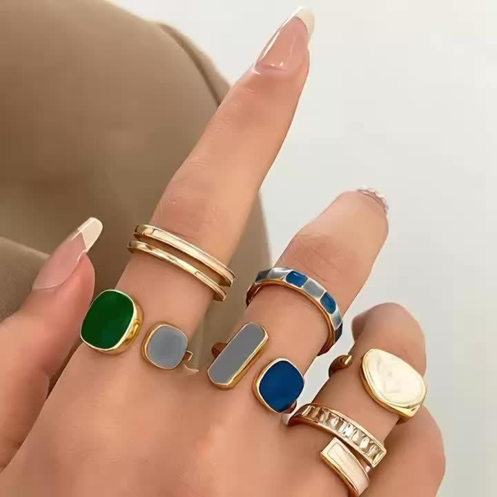 Vintage Boho Style Rings Set – 6 Pieces Colorful Geometric Adjustable Open Rings with Zirconia Inlay, Zinc Alloy Fashion Rings for Women – Perfect for