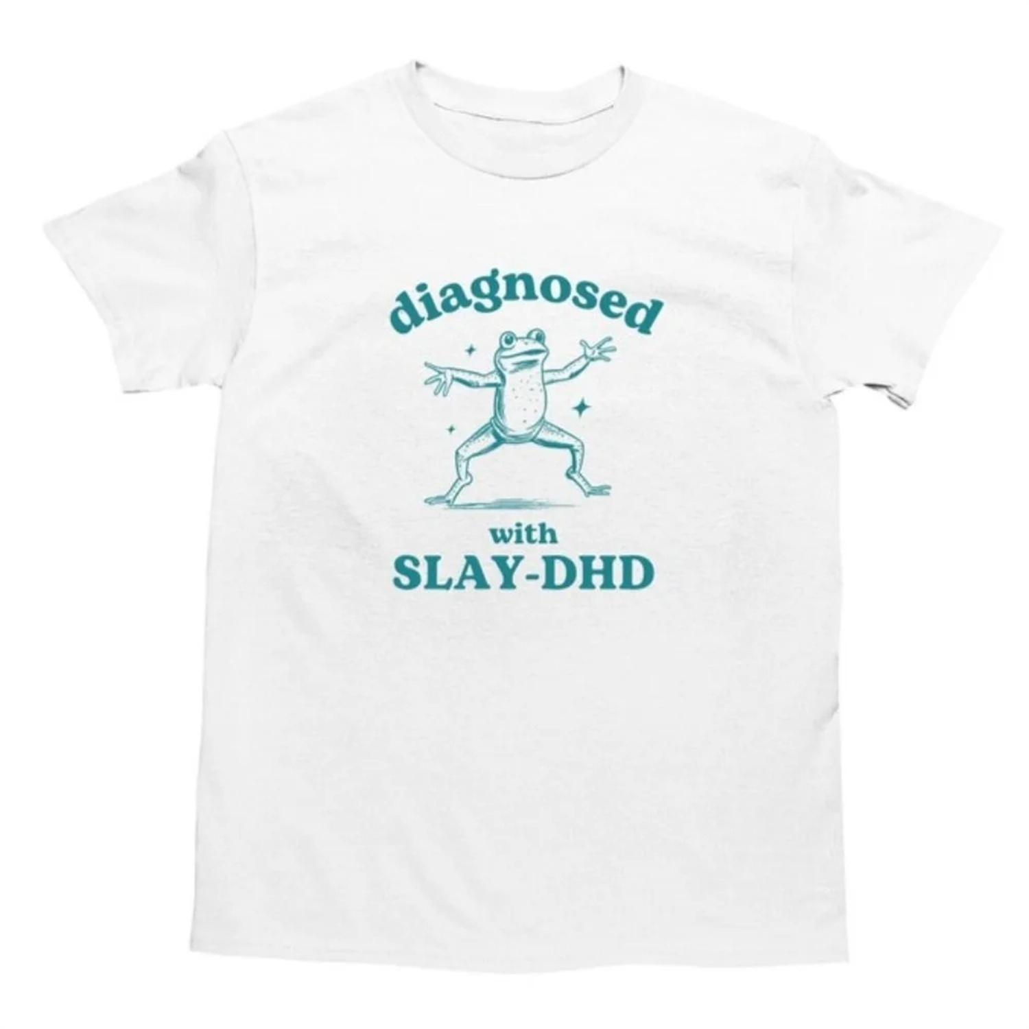 

Diagnosed with Slay-DHD Funny Creative ADHD Shirt Frog T Shirt Men Women Casual Summer Daily Life Round Neck Cotton Short Sleeve XXXXXL білий