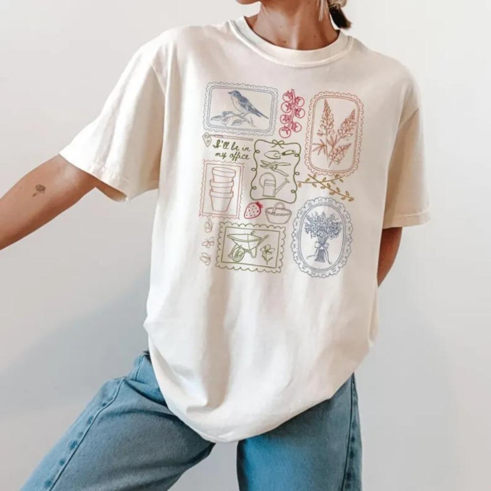 Country Style Print T-Shirt Women’s Crew Neck Short Sleeve Tee Vintage Botanical Bird Garden Tools Print for Daily