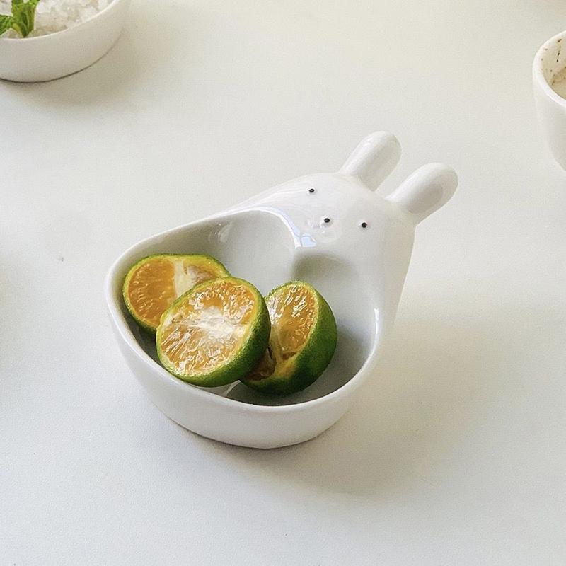 Super fofo coelho de desenho animado molho pires doméstico tridimensional cerâmica pires ketchup lanche prato vinagrete coelho branco