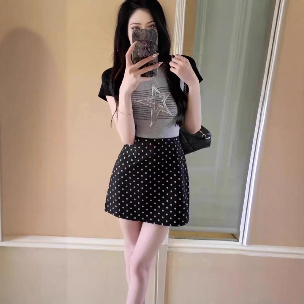 Jian Man Ni Women's High-Waisted Polka Dot A-Line Skirt - Casual and Versatile Hip-Hugging Summer Skirt
