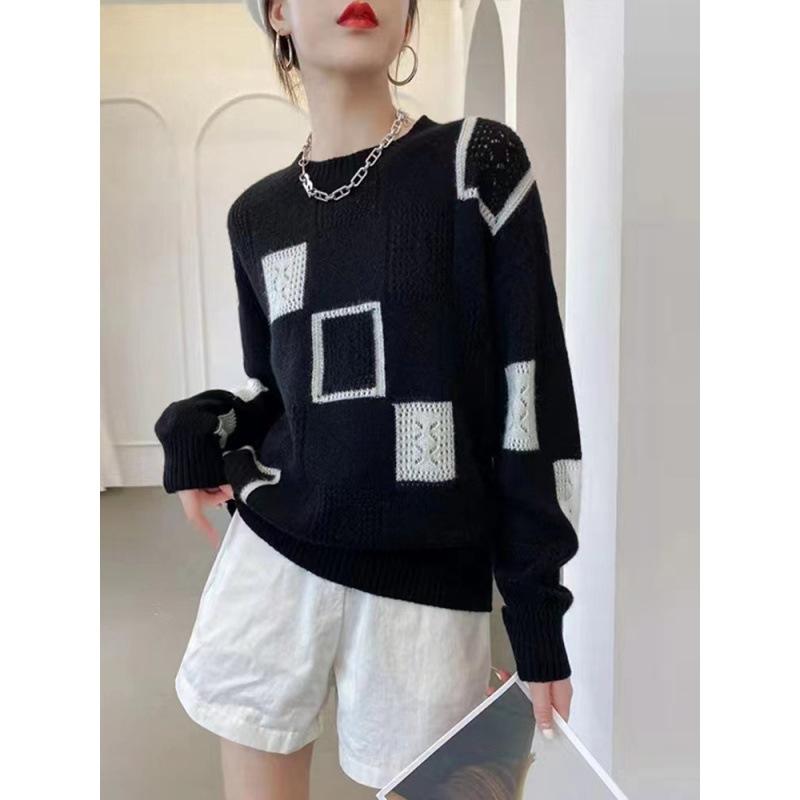 Women's Spring and Autumn Pullover Sweater Round Neck Clashing Color Plaid Vintage Long Sleeve Top