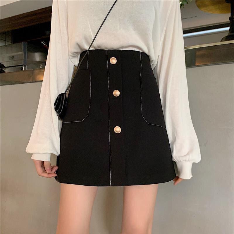 

High Waist Plus Size A-Line Skirt with Belly-Slimming Design, Contrast Stitching, and Pockets S (approx. 75-90 jin) чёрный