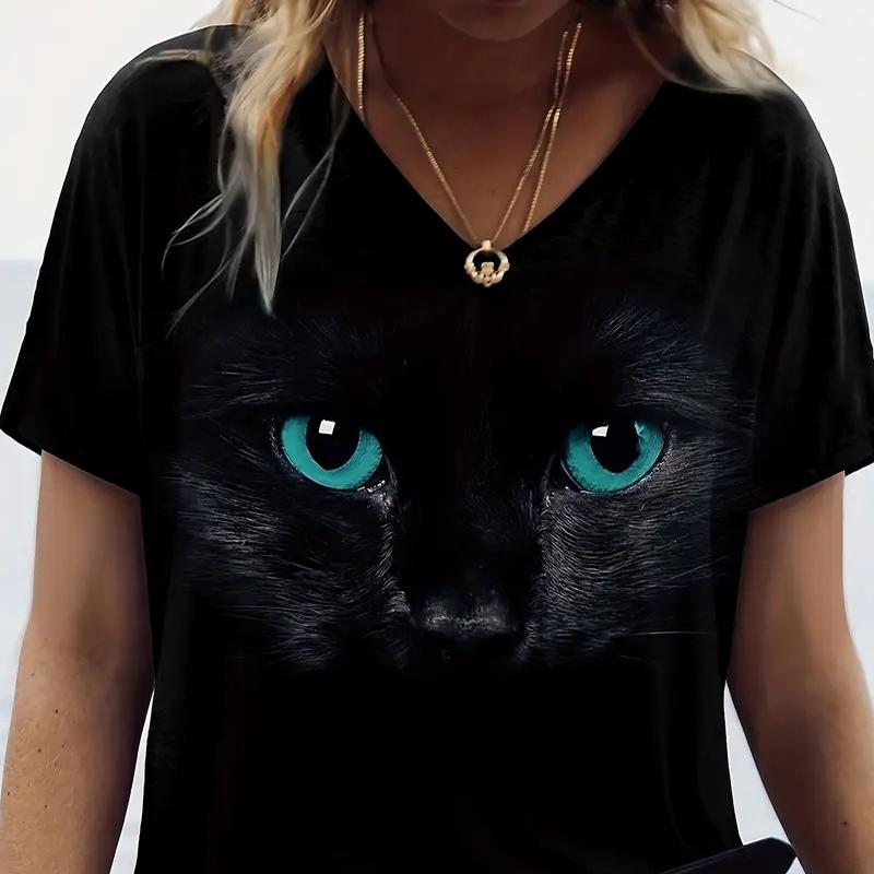 Cute Black Cat Print Painting Blouses Short Sleeved V-Neck T Shirts Casual