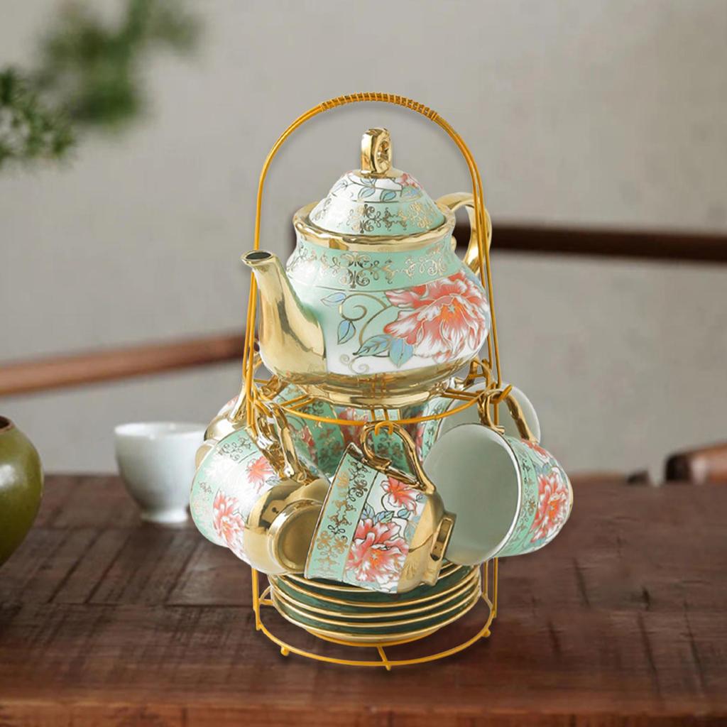 6 Pieces Ceramic Tea Set Cups Saucers Teapot Plates Handmade Floral Pattern Vintage Style Porcelain