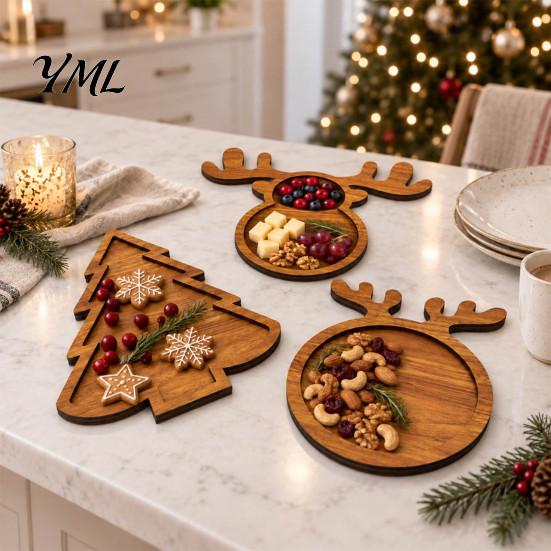 Decorative Nut And Fruit Tray Christmas Tree Elk Serving Tray, Durable Wood Partitioned Design Food Server Platter, Dinnerware for Charcuterie Snacks