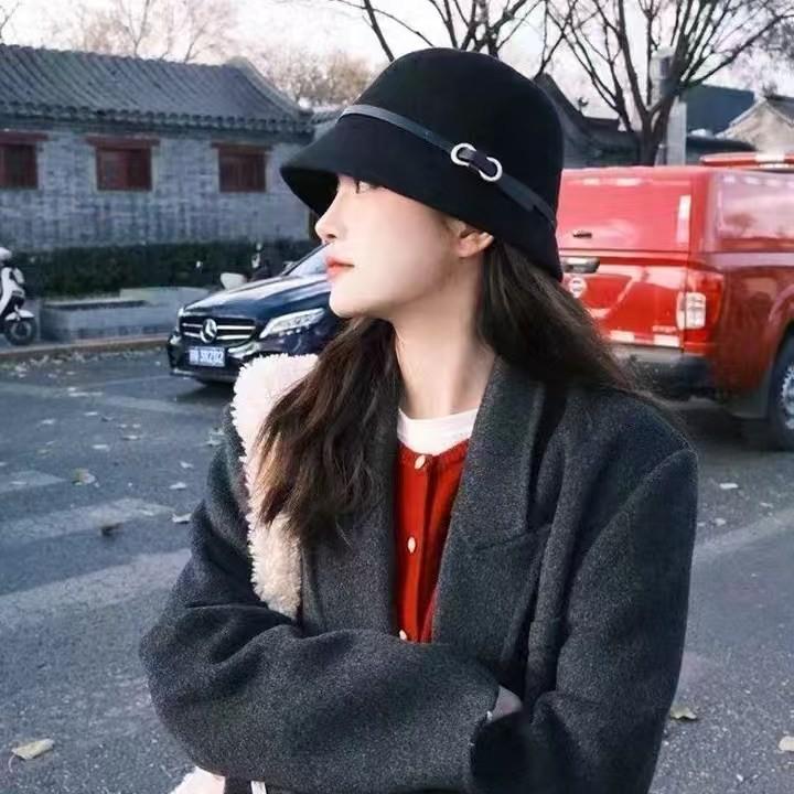 Belt Wool Hat Women's Autumn and Winter Fashion Simple Small Edge Bucket Hat Women's Face Small Dome Basin Hat Versatile
