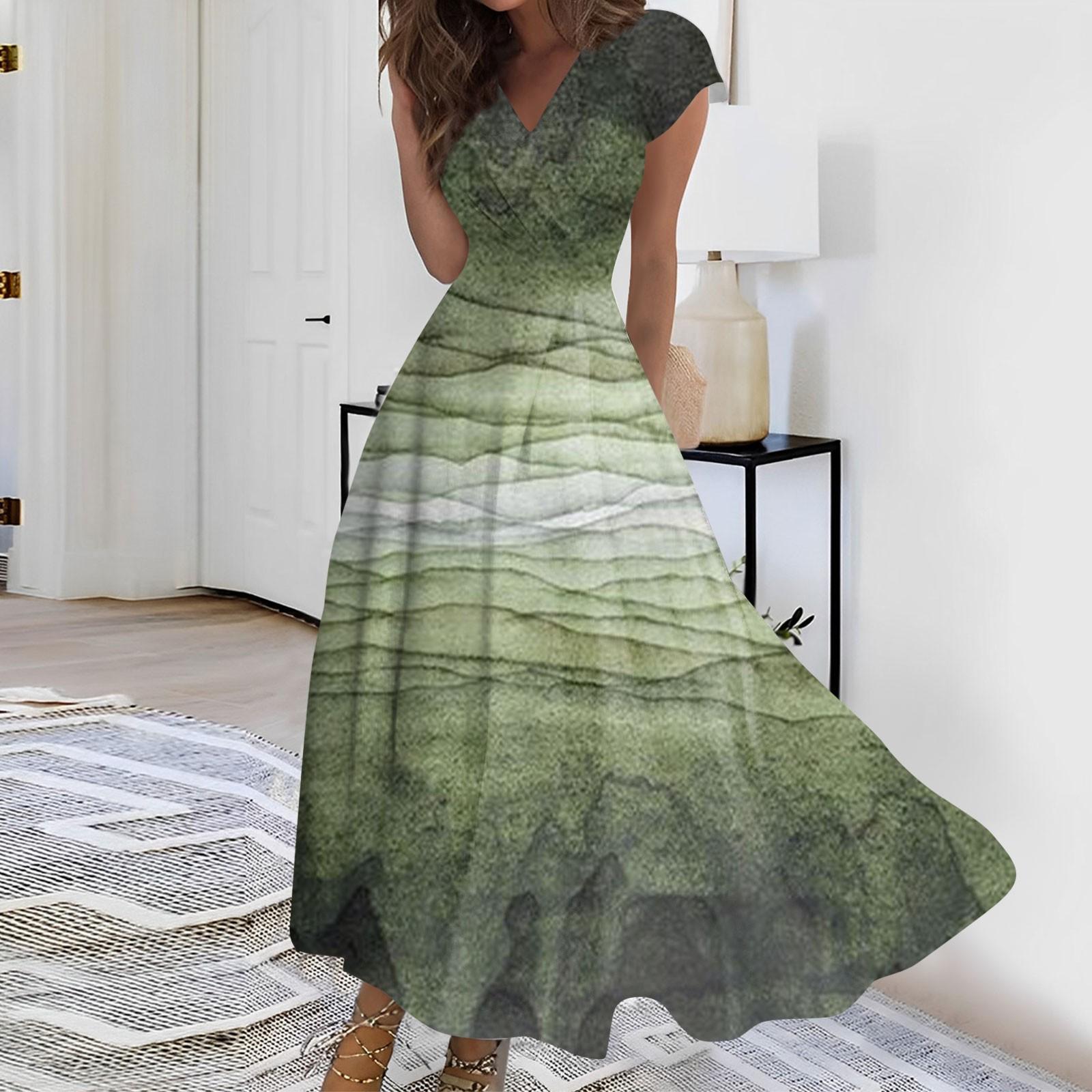 

Женское длинное платье Макси-платье Повседневное платье Летнее повседневное платье с короткими рукавами и v-образным вырезом в стиле бохо с талией и принтом XXL зелёный