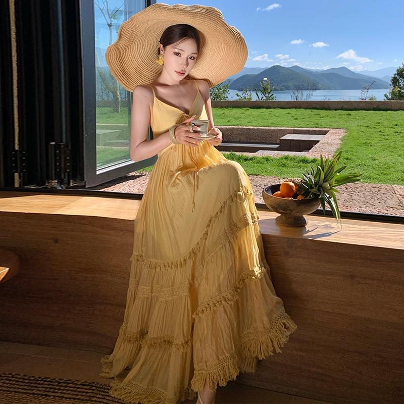 

French Beautiful Yellow Skirt Collar Suspender Dress Women s Summer Seaside Vacation Elegant Fairy Big Swing Dress S жёлтый