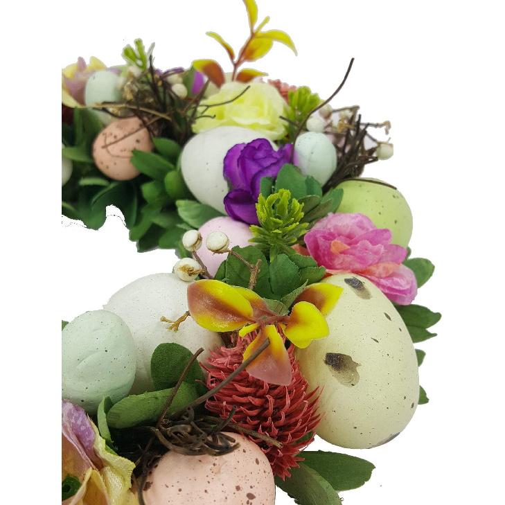 DearSun 11.2" Spring Wreath Easter Wreath with Flowers, Eggs, Green Leaves and Twine, Hanging on Home Indoor Outdoor Front Door Wall