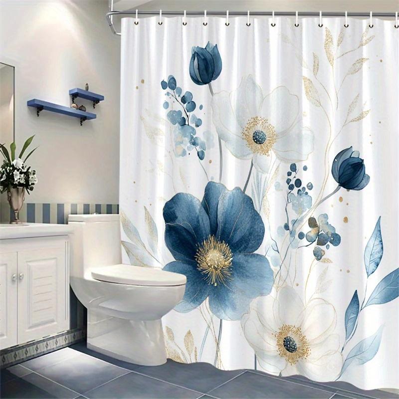 1 Elegant Floral Shower Curtain - Navy And Gold Botanical Bathroom Curtains, Machine Washable Bathroom Polyester Fabric