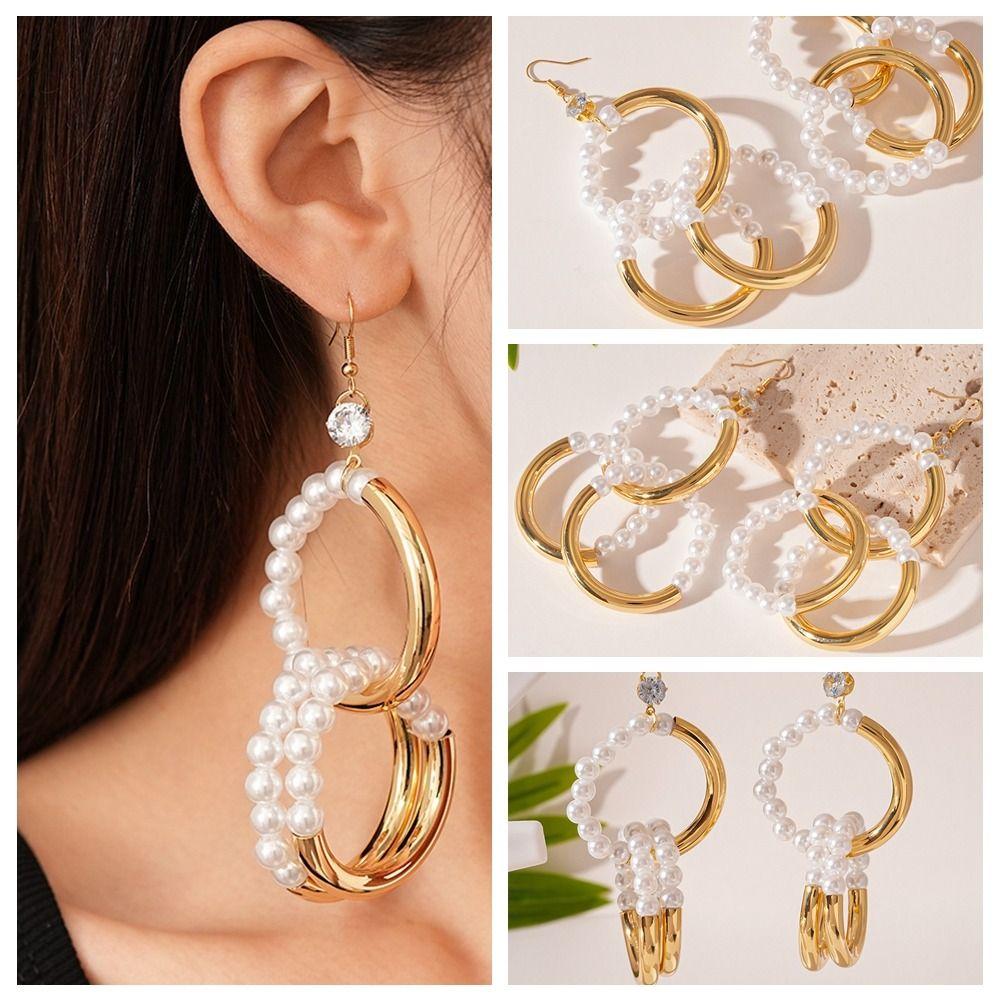 Exaggerated Circle Splicing Ear Hook Metal Ear Stud Simplicity Imitation Pearl Earrings  Girl