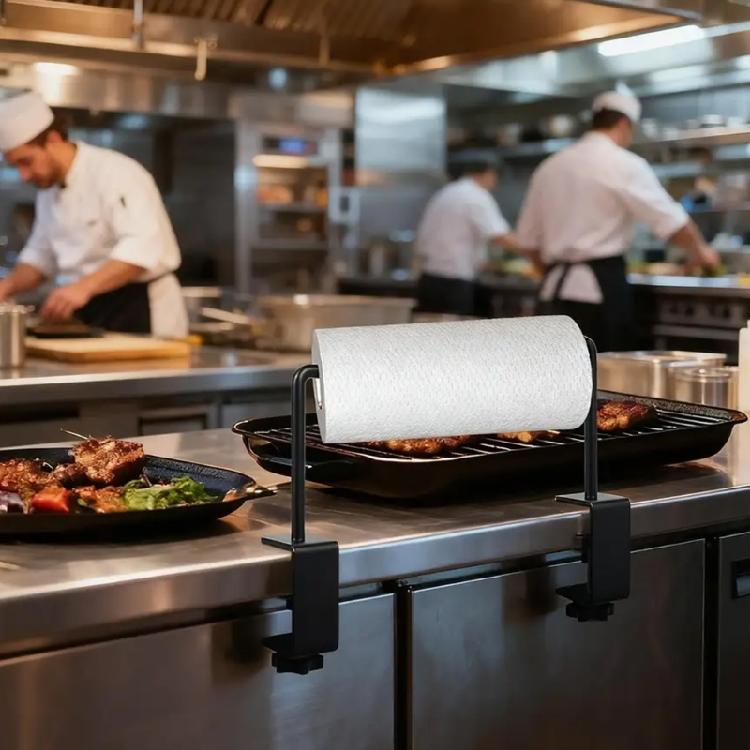 Adjustable Clamp On Paper Roll Rack Metal Roll Storage for 1.8 Inch Tabletops Holds 7 Inch Rolls Metal Construction