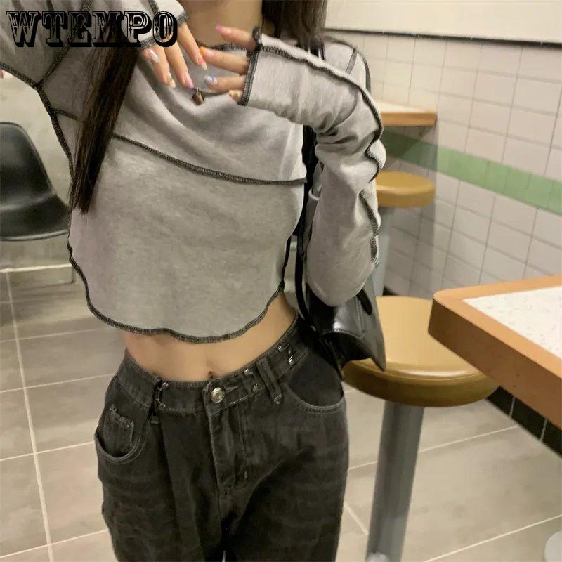 WTEMPO Tricouri cu mânecă lungă pentru femei, cu gât O, mulate, versatile, topuri de damă, uni, clasice coreene, de primăvară, de zi cu zi, de bază, populare