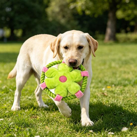 Plush Dog Flying Disc Squeaky Flower Dog Chew Toy with Rope Circle Interactive Fetch Toy for Large Small Dogs