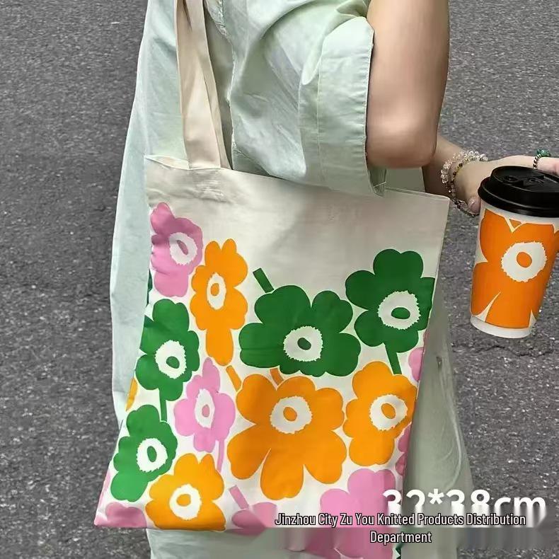 Eco-Friendly Finnish Floral Canvas Shoulder Bag: Minimalist, Large Capacity Tote for Women