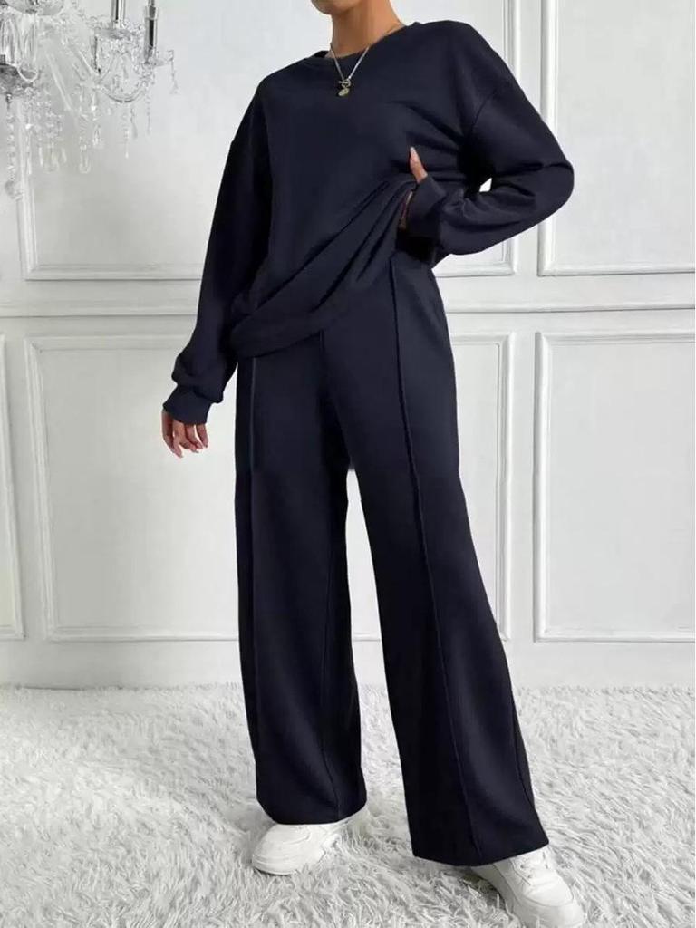 Trendy Solid Color Long Sleeve Round Neck Two-Piece Set for Women