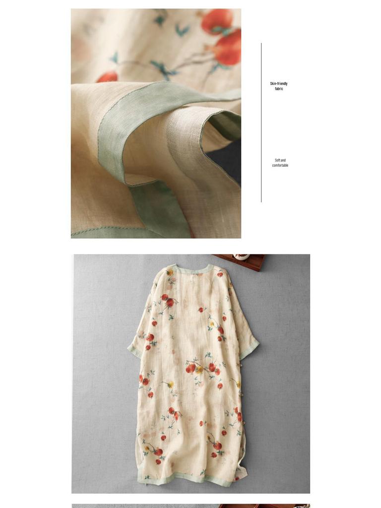 Blue Pomegranate Print Cotton Linen Tea Dress with Frog Buttons