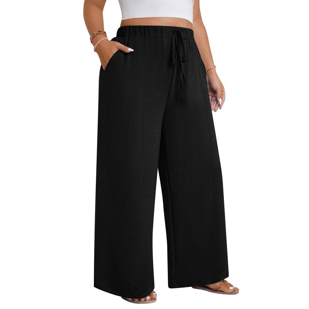 Pantalon Décontracté Mode Femme Grande Taille Coupe Ample Cordon de Serrage Jambe Large Jambe Droite