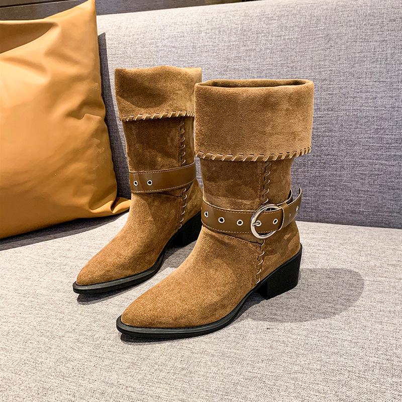 Retro belt buckle boots women's 2025 autumn and winter new folded knight boots trendy fashion stacking boots fashion boots