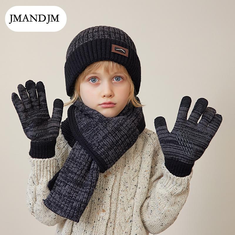 Children's Hat Scarf Gloves Three-piece Winter Boys Outdoor Warm Fleece Knitted Wool Hat