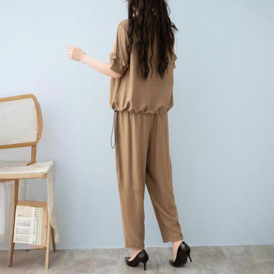 Women's Cotton Linen 2-Piece Outfit Casual Short Sleeve Crew Neck Top And Long Pants