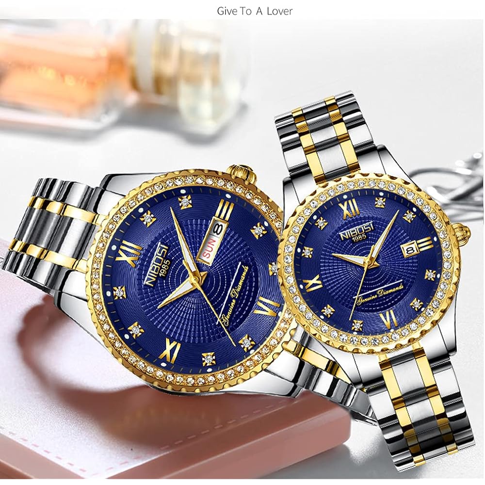 Pair Classic Stainless Steel Watches for Couples with Diamond Accents, Waterproof, Gold Finish