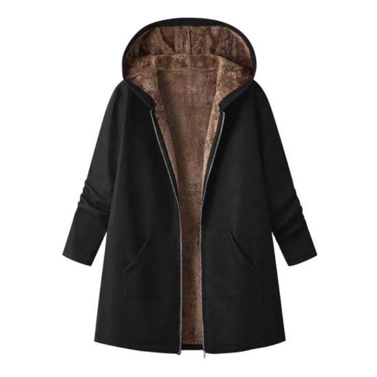 

Winter Warm Fleece Jacket Women Sherpa Lined Hooded Long Coat Casual Full Zip Up Thicken with Pockets 2XL чорний