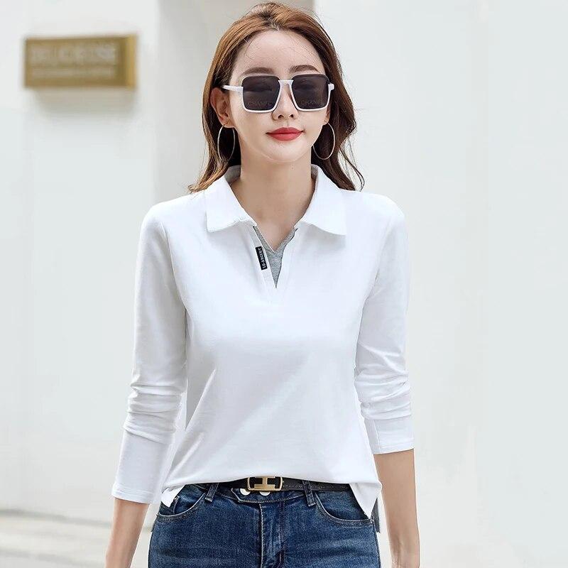 Herbst Damen Rollkragen Baumwolle Einfarbig Langarm T-Shirt Patchwork Damen Poloshirts für Damen