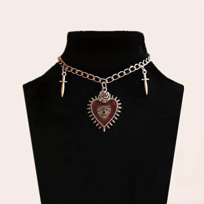 Gothic Hip Hop Y2k Schmuck Pfirsich Herz Blume Kreuz Anhänger Halsketten Vintage Liebe Schwert Auge Dornen Halsband für Frauen mädchen Party