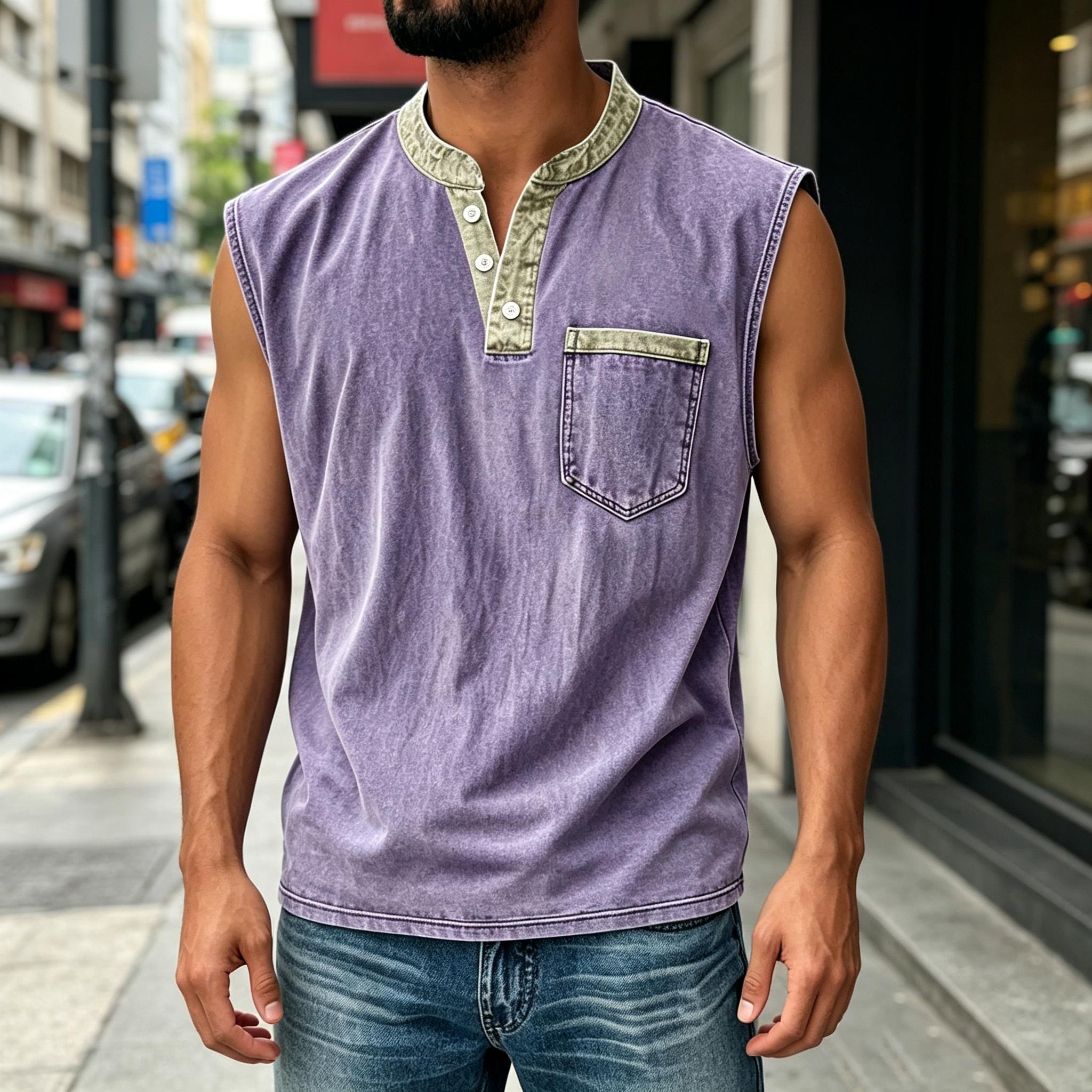 Men Sleeveless Casual Vest Three Button Henley Neck Pocket Front Cotton Linen Blend Summer Top L