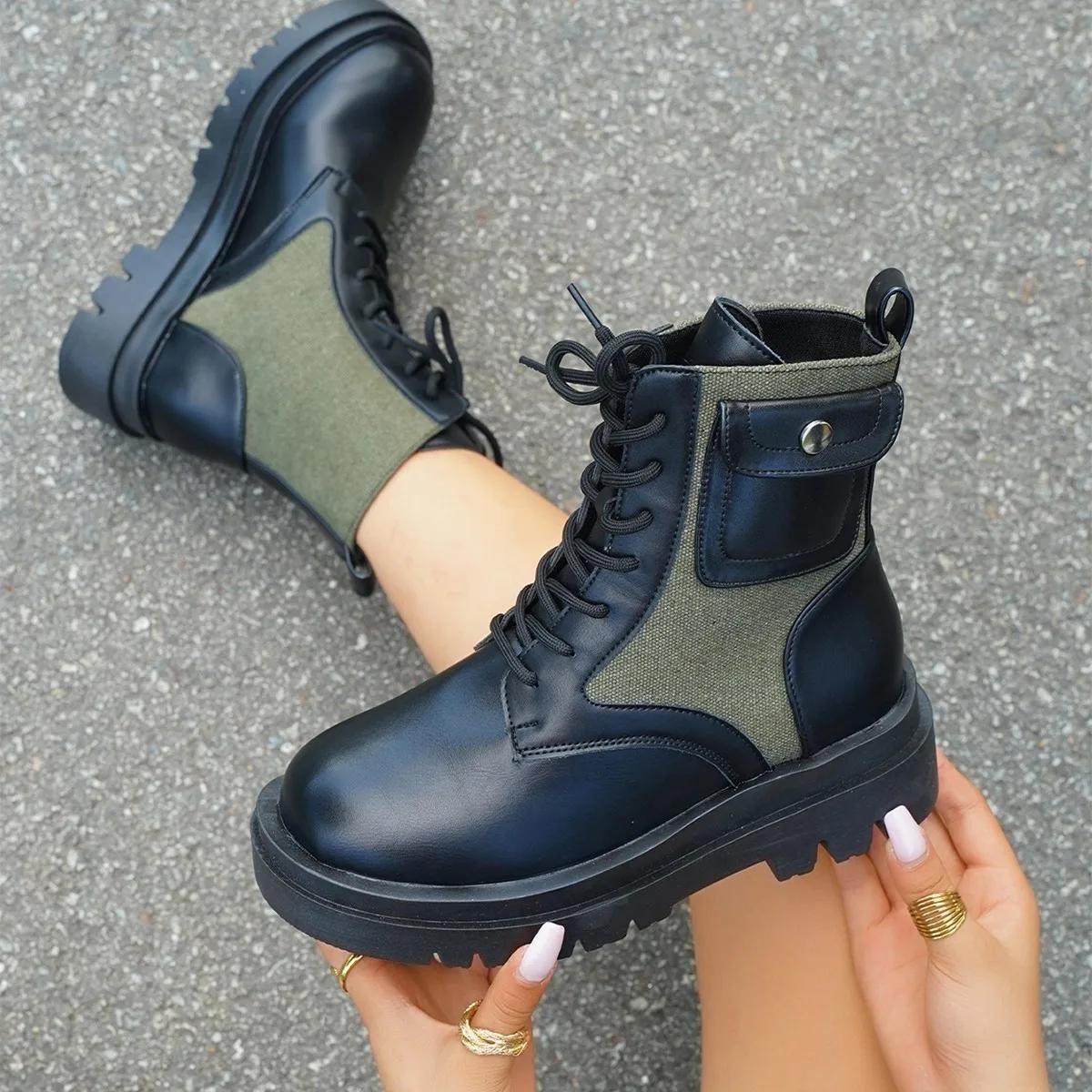 

Черные панк ботильоны на толстой подошве, мотоциклетные ботинки, обувь с высоким верхом, женские ботинки на шнуровке, на толстом каблуке, с ремешком, пряжкой, карманом, дизайнерские массивные ботинки 43 армия зеленый