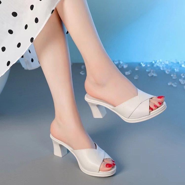 High-heeled cool slippers New year's outer wear Summer thick heel soft bottom fish mouth thick bottom one-word drag