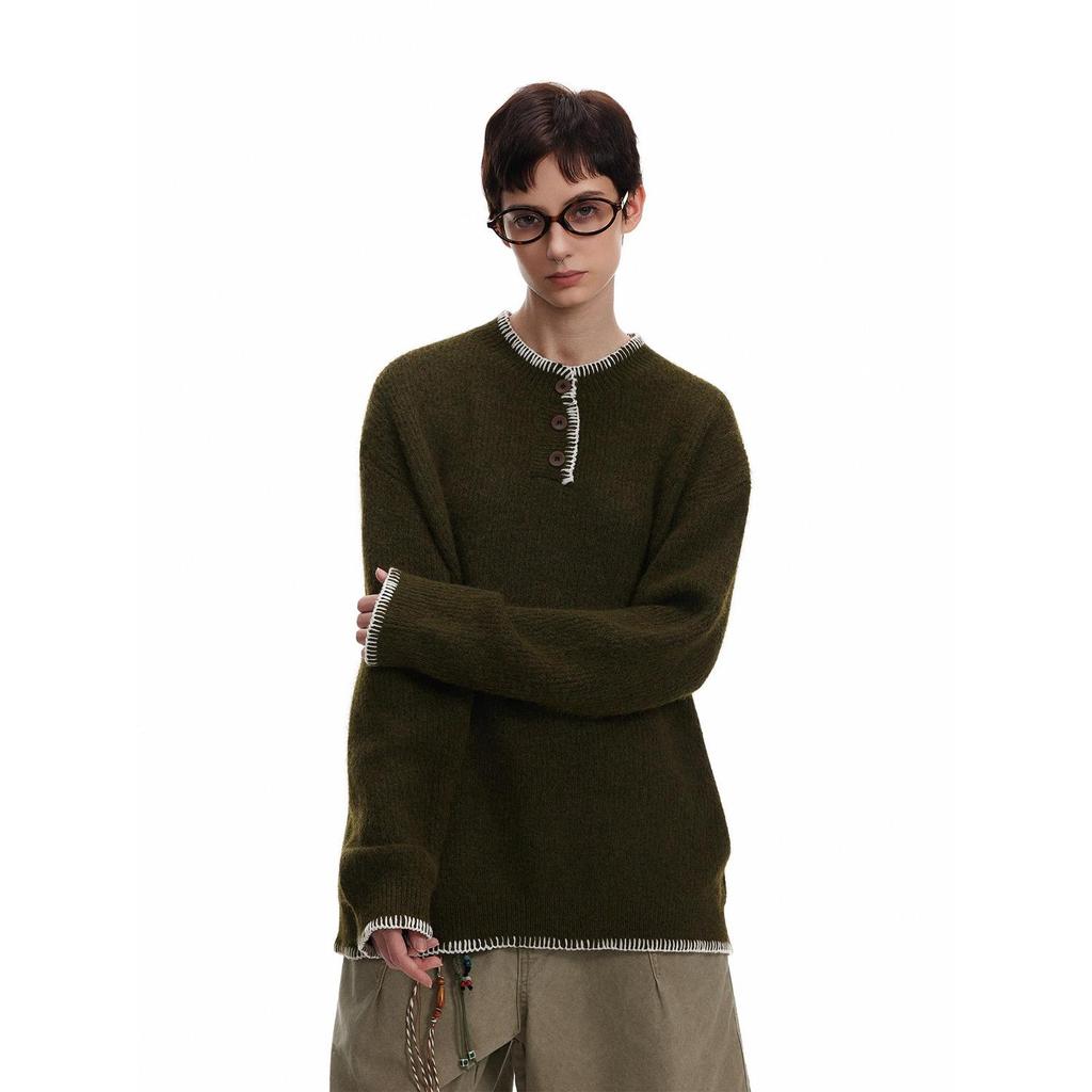 Unisex Retro Henley Neck Knit Sweater - Casual Autumn Pullover