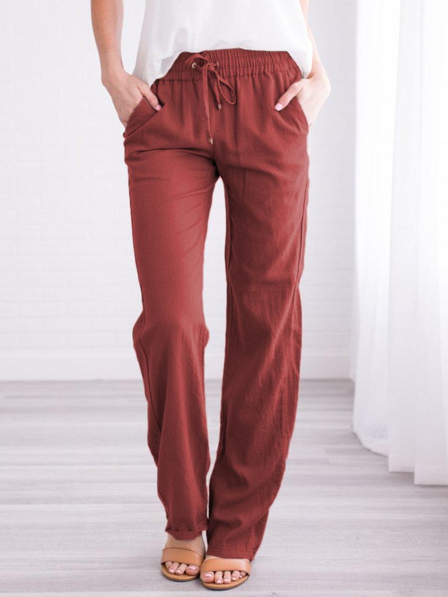 

2023 Women s Solid Color Cotton Linen Wide-Leg Drawstring Pants XL