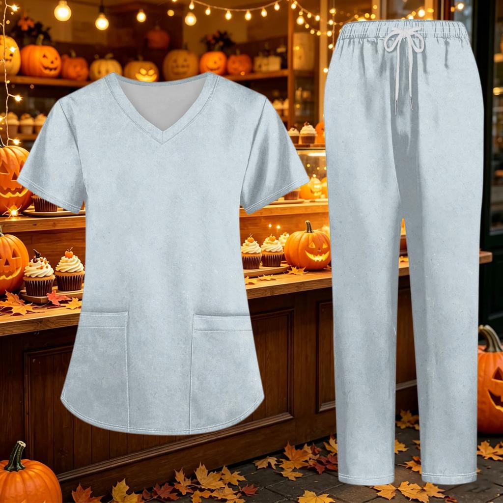 Women's V-Neck Short Sleeve Scrub Set with Pockets Gradient Tie Two Piece Caregiver Work Uniform