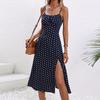 Summer Dresses for Women 2024 Casual Spaghetti Strap Sundresses Polka Dot Slim Fit Split Knee Length Boho Dress