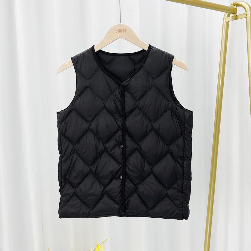Women s Korean Style V-Neck Diamond Pattern Down Vest - Lightweight Autumn/Winter Sleeveless Top 3XL (73kg-83kg) чёрный