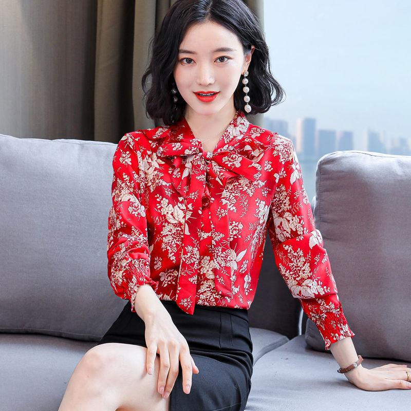 Floral Print Long Sleeved Chiffon Shirt for Women Spring Summer Mother's Top Scarf Collar Bow Bottoming Blouse M-4XL