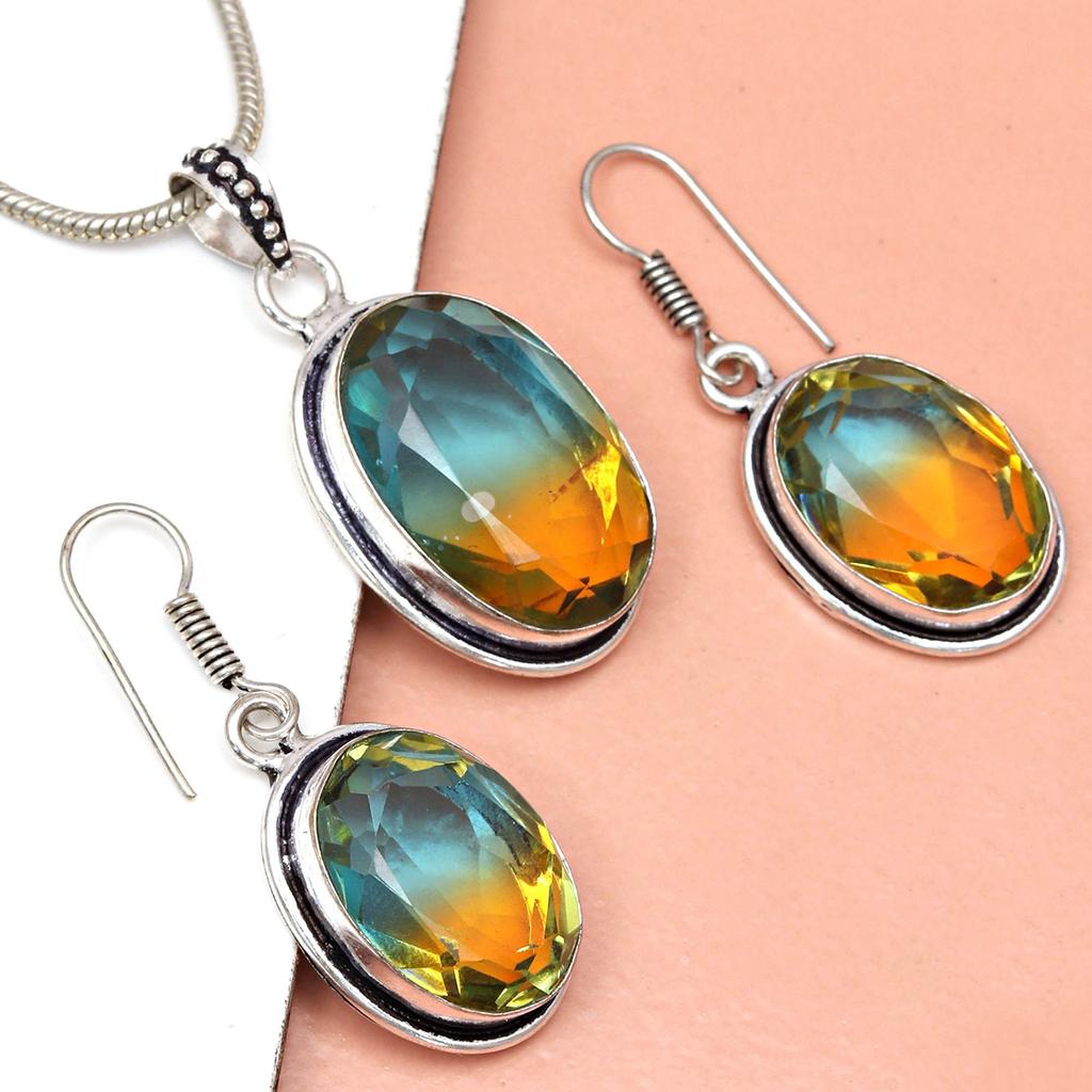 Tourmaline Set Gemstone Gift Wedding Party Bi-Color Pendant,Earring,Ring