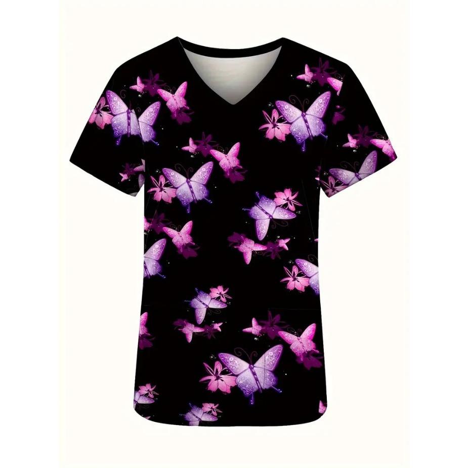 Romantic Pink Butterfly 3D Digital Print Women's Pocket V-neck Pullover Short Sleeved T-shirt Hospital Protective Apparel