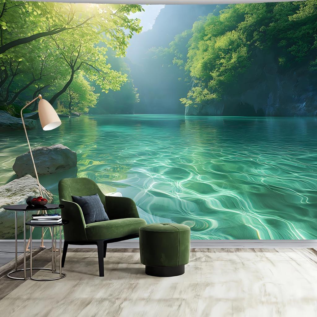 Nature Green Misty Forest Tree Tapestry Large Landscape Tree Of Life 3D Print Jungle Scenery Tapestries Wall Hanging For Bedroom